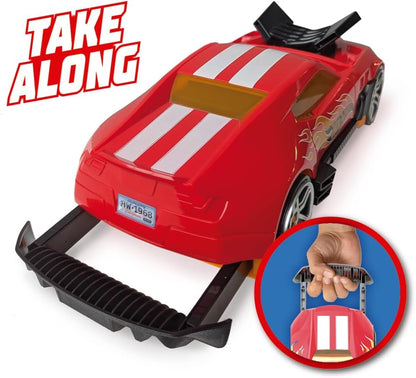 Hot Wheels Estojo para guardar carrinhos 2 em 1, modelo Race N' Haul, com rodas livres e alça retrátil - Capacidade para até 15 carrinhos (carrinhos não inclusos).