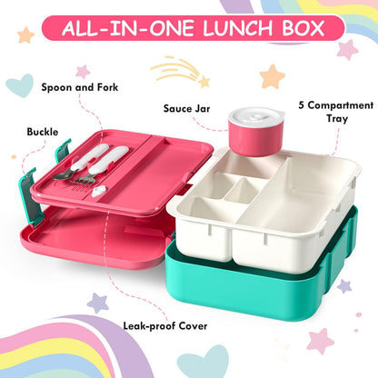 Lehoo Castle Lancheira infantil Bento, lancheira com 5 compartimentos, recipientes de almoço de 1,25L com pote de molho, colher e garfo para meninos e meninas, escola, à prova de vazamentos, sem BPA (dinossauro)