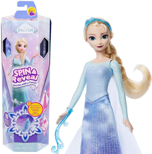 Mattel Conjunto de Boneca Fashion Elsa Disney Frozen da , Spin & Reveal com 11 Surpresas, incluindo 5 Acessórios, 5 Adesivos e Cenário de Brincadeira, Inspirado no Filme da Disney, JBG59