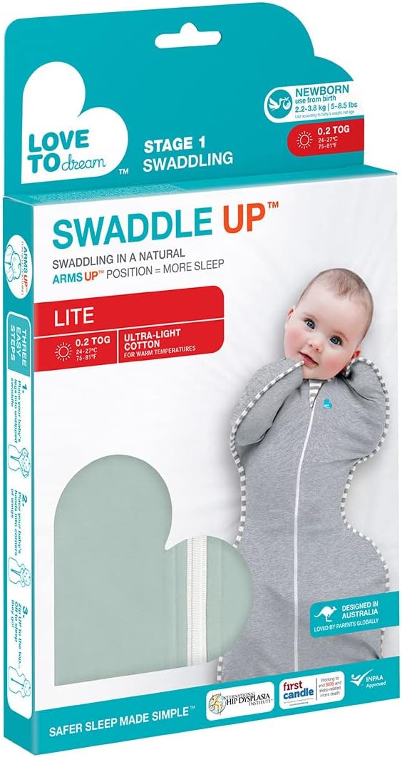 Love To Dream™ Swaddle UP™, Tamanho Pequeno (3,5–6 kg) – Verde Oliva | Ajuste Perfeito, Favorece uma Rotina de Sono Saudável | 0,2 Tog Ideal para Primavera e Verão (24–27°C) | Algodão Lavável à Máquina com Zíper Duplo