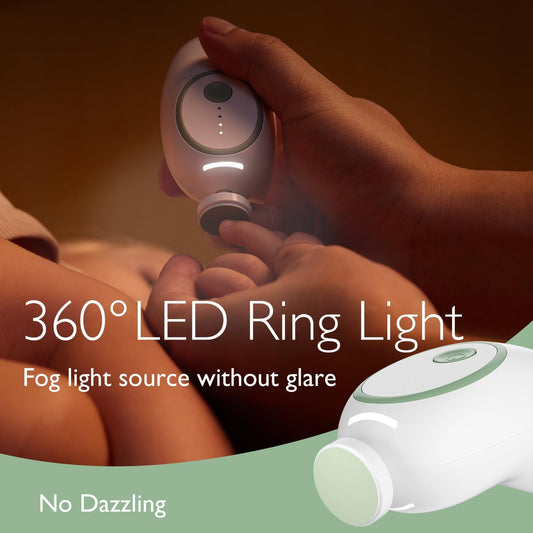 Momcozy Lima de unhas para bebês elétrica, aparador de unhas suave para bebês elétrico recarregável, cortador de unhas para bebês elétrico, luz suave LED de neblina de 360 °, 7 almofadas de substituição de cabeça de moagem