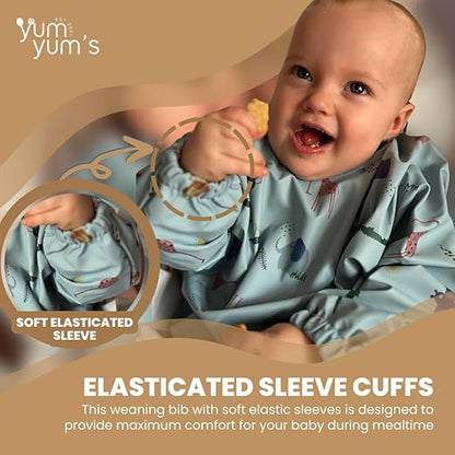 Yum Yum's Babador de silicone para desmame da Baby - Impermeável, fácil de limpar e confortável - Babador de manga comprida para bebês de 6 a 12 meses - Avental multifuncional para alimentação sem sujeira.