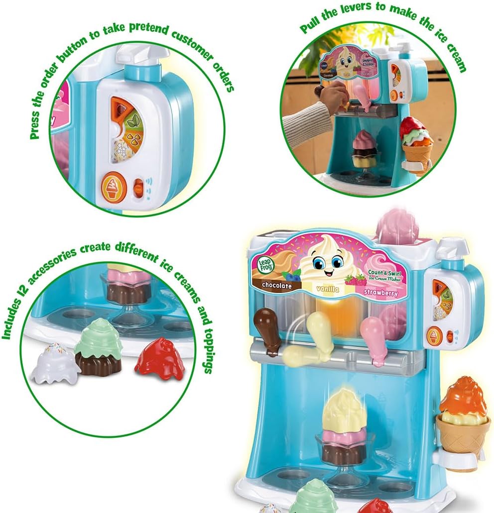 LeapFrog Count and Swirl Ice Cream Maker, brinquedo interativo de roleplay com 12 peças, brinquedo de cozinha de simulação ensina cores e sabores, brinquedo infantil para 2, 3, 4 anos ou mais