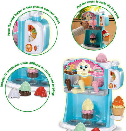 LeapFrog Count and Swirl Ice Cream Maker, brinquedo interativo de roleplay com 12 peças, brinquedo de cozinha de simulação ensina cores e sabores, brinquedo infantil para 2, 3, 4 anos ou mais