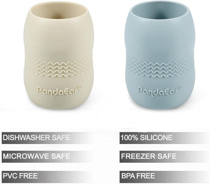 PandaEar Conjunto de 2 Copos de Silicone para Bebês a partir de 6 Meses | Copo Giratório 360° Antivazamento para Crianças Pequenas | Copo Aberto para Desmame com Fluxo Livre (Azul/Branco)