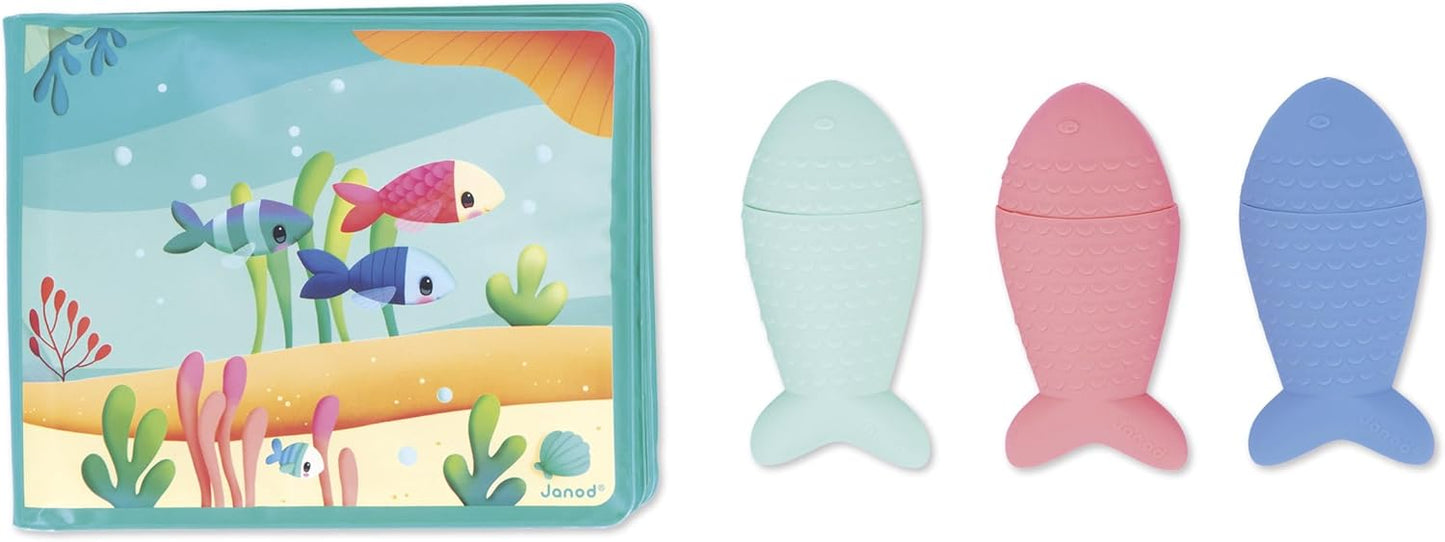 Janod - Livro de banho interativo com 3 brinquedos de aspersão incluídos - 1 livro + 3 aspersores - Desenvolve habilidades motoras finas - Fácil de limpar - A partir de 10 meses - J04733