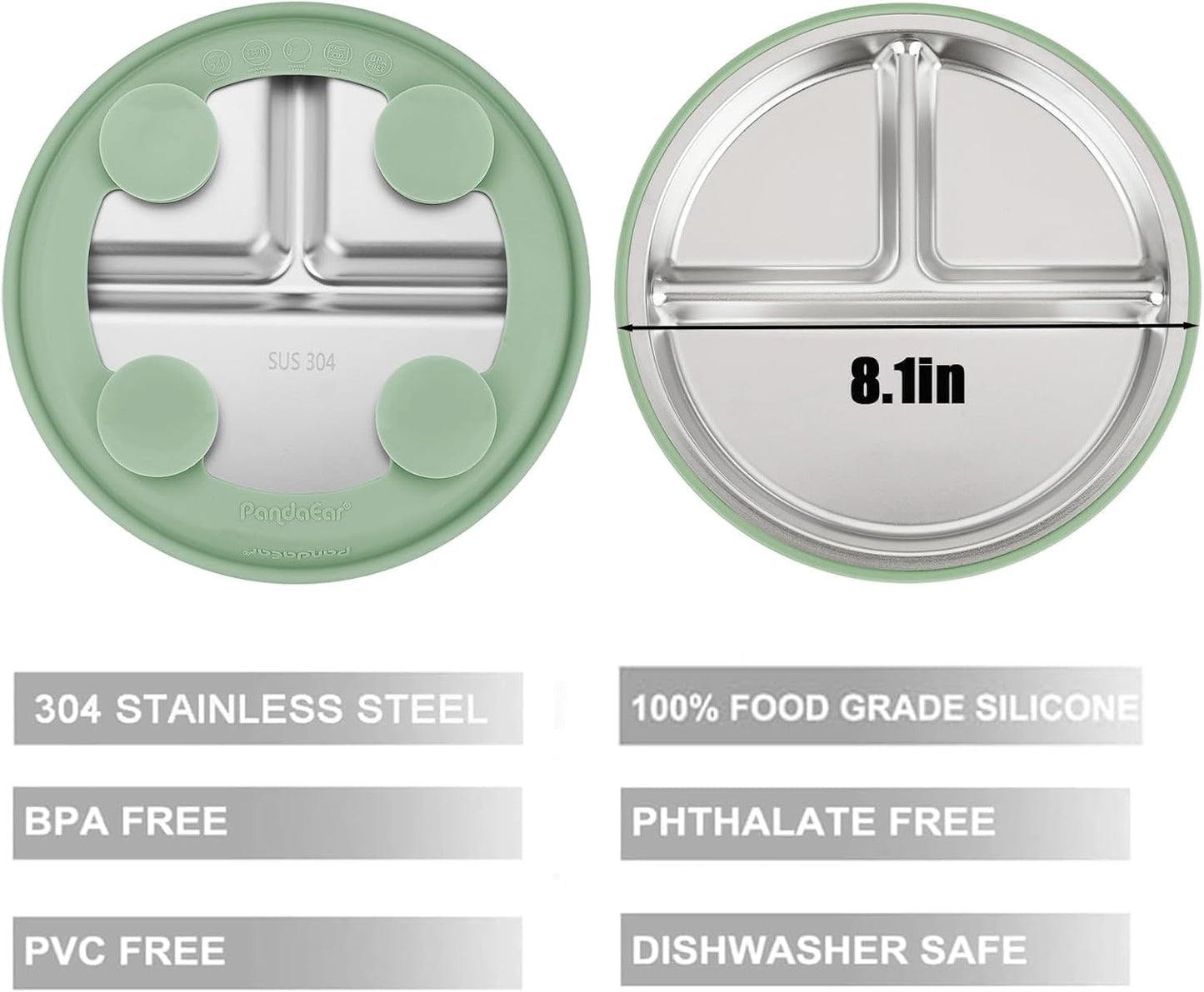 PandaEar Conjunto de 3 Pratos Infantis em Aço Inoxidável com Ventosa e Tampa, Antiderrapantes e com Capa de Silicone, para Crianças e Bebês, Inquebráveis e Sem Sujeira (Azul, Verde e Marrom)