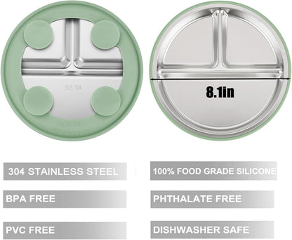 PandaEar Conjunto de 3 Pratos Infantis em Aço Inoxidável com Ventosa e Tampa, Antiderrapantes e com Capa de Silicone, para Crianças e Bebês, Inquebráveis e Sem Sujeira (Azul, Verde e Marrom)