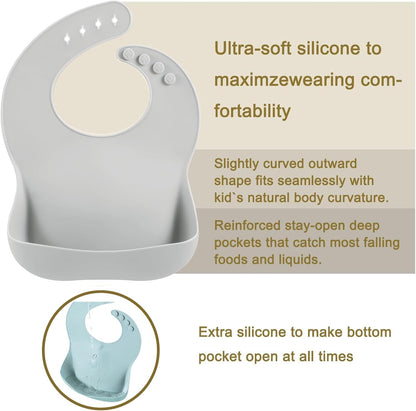 PandaEar Conjunto de 3 Babadores de Silicone para Bebês Meninos e Meninas, Babador Ajustável para Desmame, Babadores Impermeáveis para Crianças, Babadores de Silicone Macios e Duráveis Livres de BPA com Coletor de Alimentos Grande