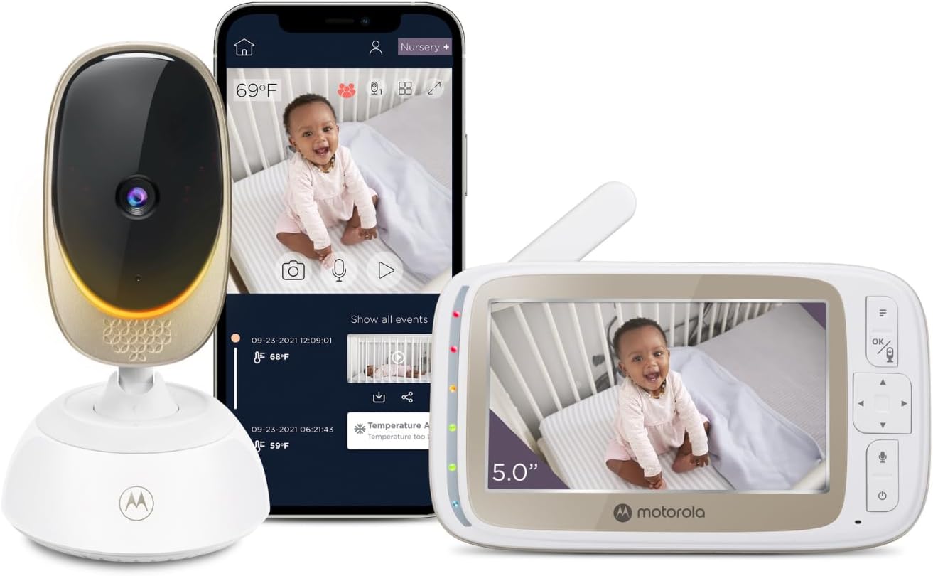 Motorola Nursery Monitor para bebês VM85 Connect com câmera – Wi-Fi e aplicativo para celular, tela de 5”, visão noturna, panorâmica/inclinação, comunicação bidirecional, canções de ninar