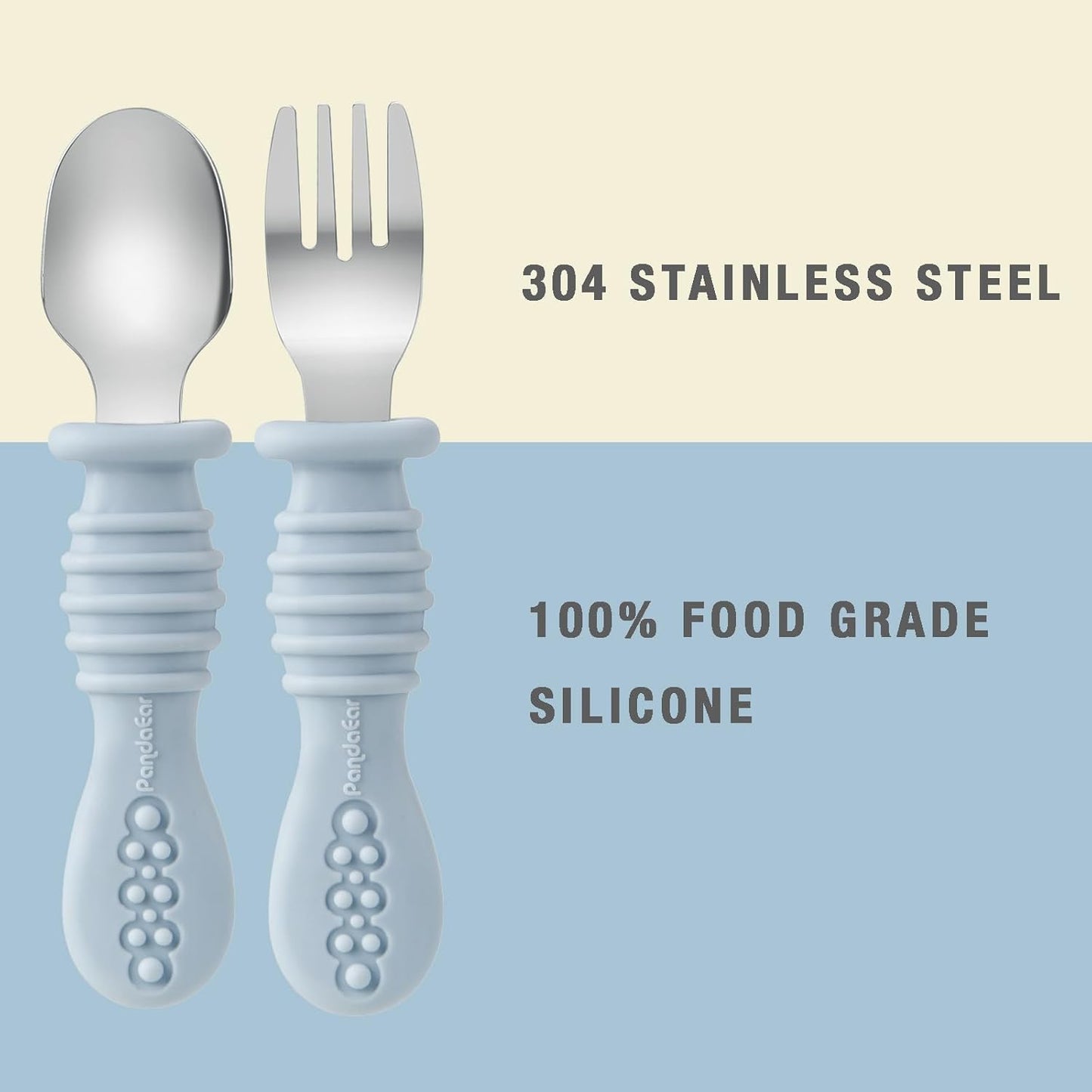 PandaEar Conjunto de alimentação para bebês em silicone | 2 pratos divididos com ventosas e 2 copinhos com 2 colheres e 2 garfos | Utensílios para alimentação independente para bebês (azul claro/verde claro)