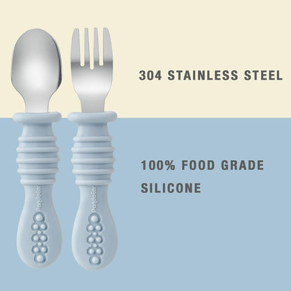 PandaEar Conjunto de alimentação para bebês em silicone | 2 pratos divididos com ventosas e 2 copinhos com 2 colheres e 2 garfos | Utensílios para alimentação independente para bebês (azul claro/verde claro)