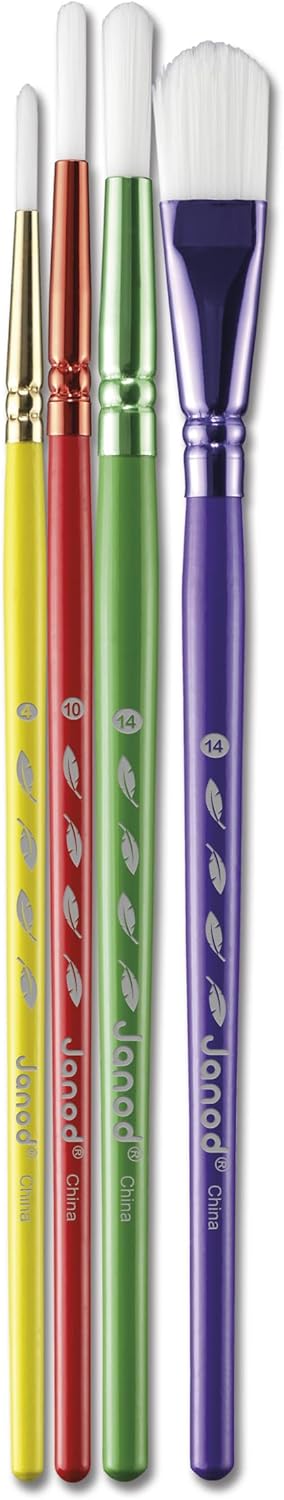 Janod - Pincéis - 4 tamanhos diferentes - Pincéis, Janod - Tintas para dedos para bebês a partir de 1 ano, Janod - Paleta de tinta à base de água - 12 almofadas e pincel, Janod - Avental de pintura infantil a partir de 18 meses