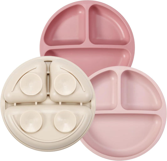 PandaEar Conjunto de 3 pratos de silicone para bebês , com ventosa, divididos, para introdução alimentar e refeições, livres de BPA (rosa, linho, rosa claro)