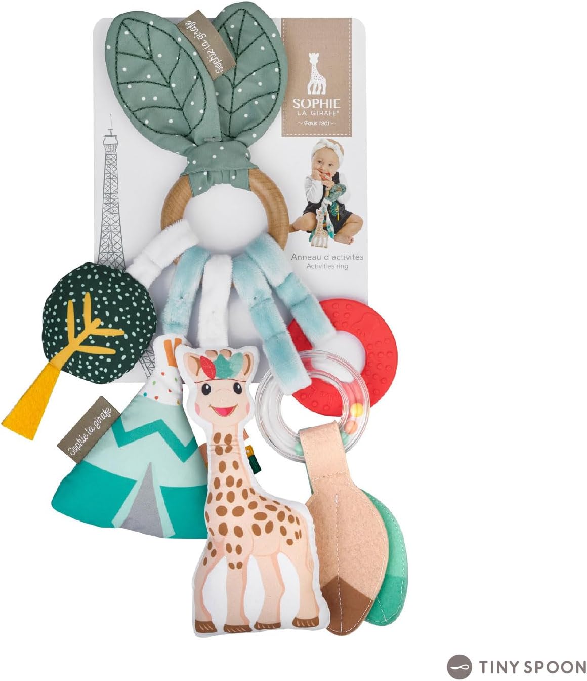 Sophie la Girafe Anel de Atividades Sensoriais – Mordedor para Bebê com Chocalho, Sons de Amassado e Texturas – Livre de BPA, Borracha Natural e Tecido – Fixa-se ao Carrinho/Cadeirinha do Carro – Lavável, Ideal para Presentear Bebês