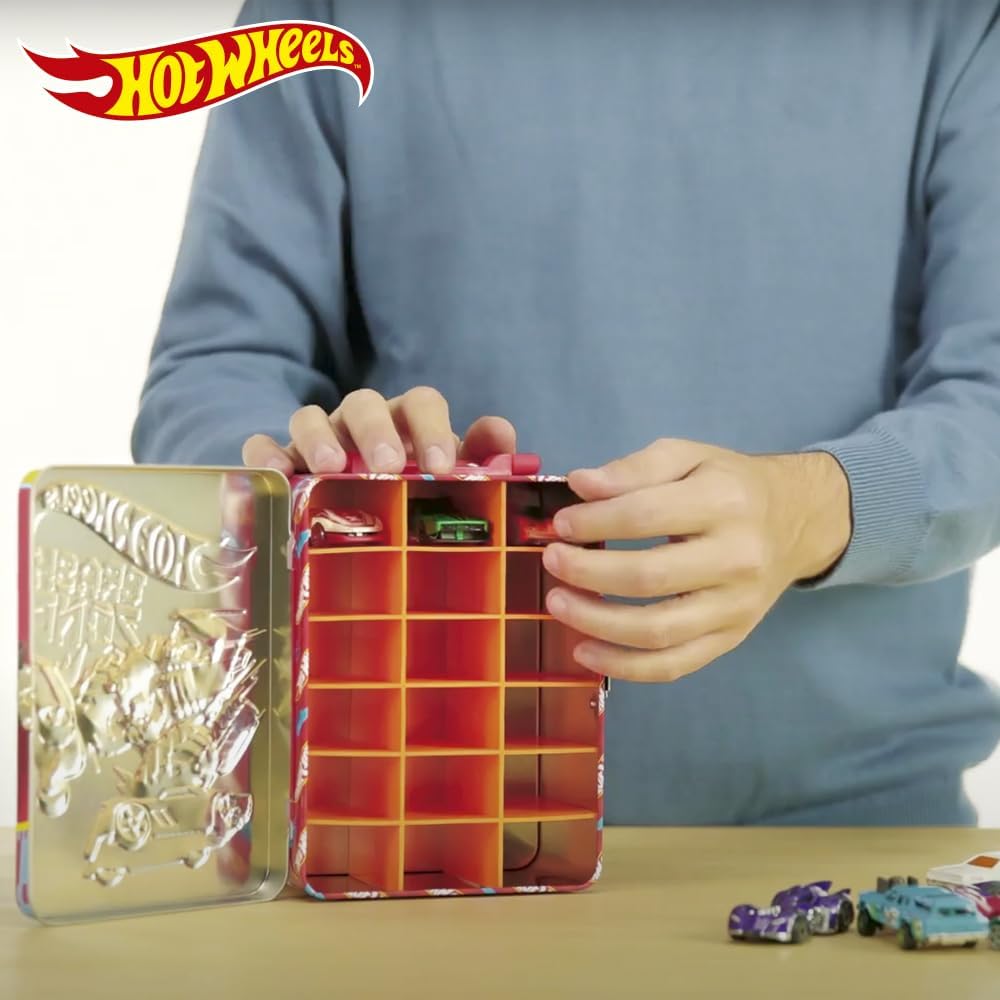 Hot Wheels Estojo de metal para carrinhos em escala 1:64 | Organizador e porta-brinquedos para 18 brinquedos | Presente ideal para colecionadores e crianças a partir de 3 anos | Tampa com design 3D de corrida HW | Carrinhos não inclusos