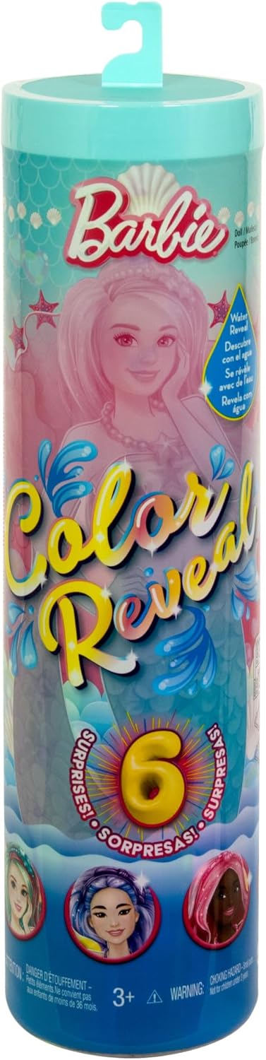 Barbie Boneca Color Reveal e acessórios com 6 surpresas de desempacotamento, série Mermaid com cabelo que muda de cor, HRK12