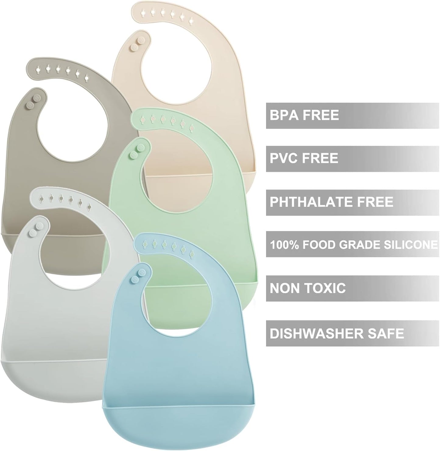 PandaEar Conjunto de 5 Babadores de Silicone para Bebês e Crianças Pequenas, Babadores Impermeáveis para Bebês de 6 a 18 Meses, para Introdução Alimentar, Babador Ajustável com Bolso Grande para Coletor de Alimentos,