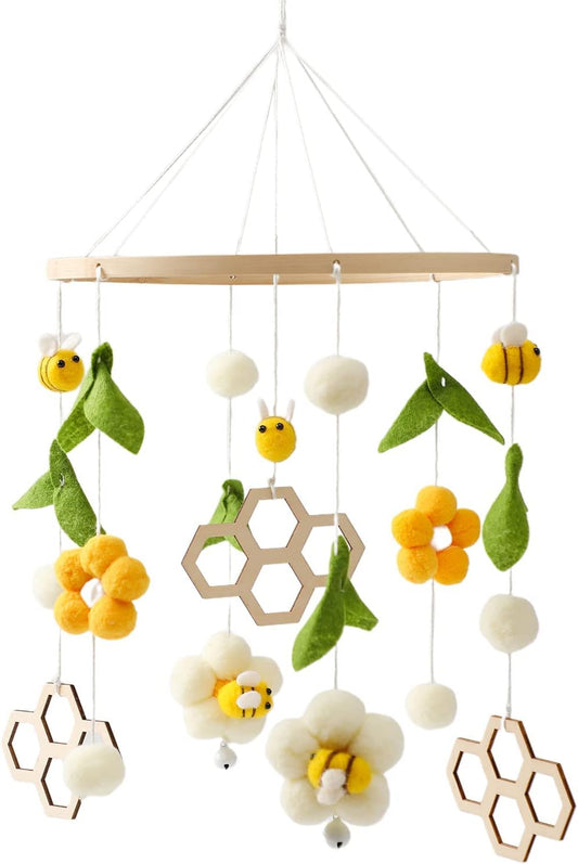Móvil de madera para bebé + bola de lana, flores frescas y abejas, sonajero de viento, cambiador, campana colgante para guardería, regalo para recién nacido (abeja + panal)