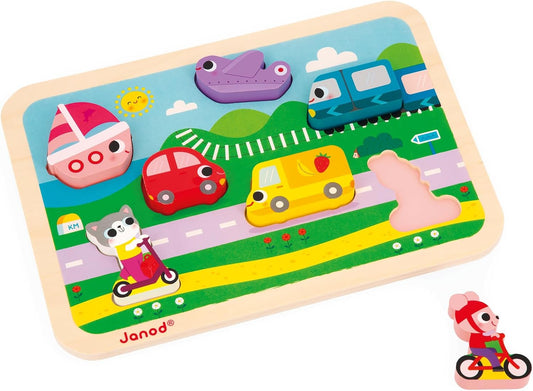 Janod - Quebra-cabeça robusto de “Veículos” - Madeira FSC - 7 peças - Desenvolve habilidades motoras finas, concentração e imaginação - 18 meses +,