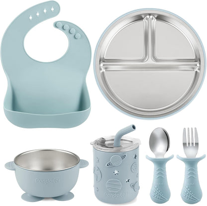 PandaEar Conjunto de alimentação infantil 6 em 1 em aço inoxidável – Conjunto para introdução alimentar com conjunto de jantar de silicone, conjunto de prato infantil, prato dividido com ventosa, tigela, copo de transição com canudo,