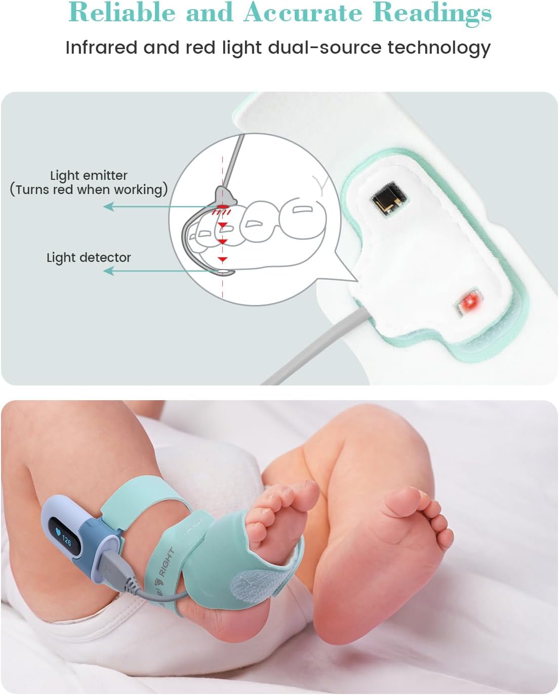 Babytone Oxímetro de pulso infantil, meia inteligente para bebês que monitora o nível de oxigênio, frequência cardíaca e movimentos