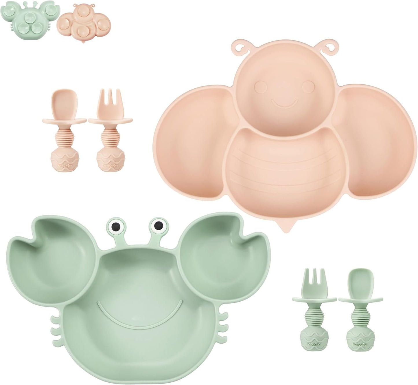 PandaEar Conjunto de 2 pratos de silicone com ventosa para bebês e crianças pequenas, com 4 colheres para alimentação independente. Pratos divididos e inquebráveis com ventosa. Conjunto de pratos e talheres para bebês. Caranguejo verde e abelha rosa.