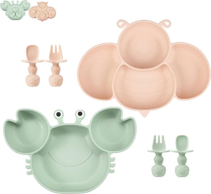 PandaEar Conjunto de 2 pratos de silicone com ventosa para bebês e crianças pequenas, com 4 colheres para alimentação independente. Pratos divididos e inquebráveis com ventosa. Conjunto de pratos e talheres para bebês. Caranguejo verde e abelha rosa.