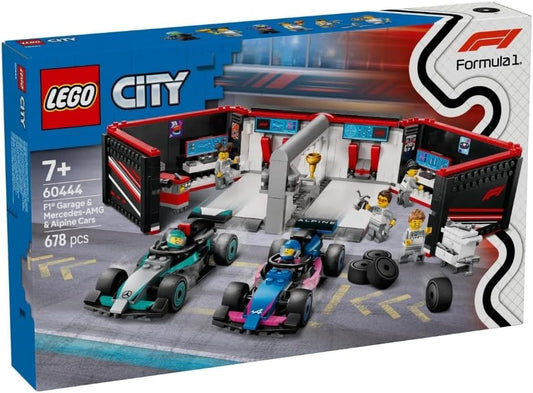 LEGO City F1 Garage e Mercedes-AMG e Alpine Cars - Conjunto de veículos de corrida de Fórmula 1 de brinquedo com 2 pilotos e 4 minifiguras mecânicas - Presentes para meninos e meninas com mais de 7 anos ou adultos