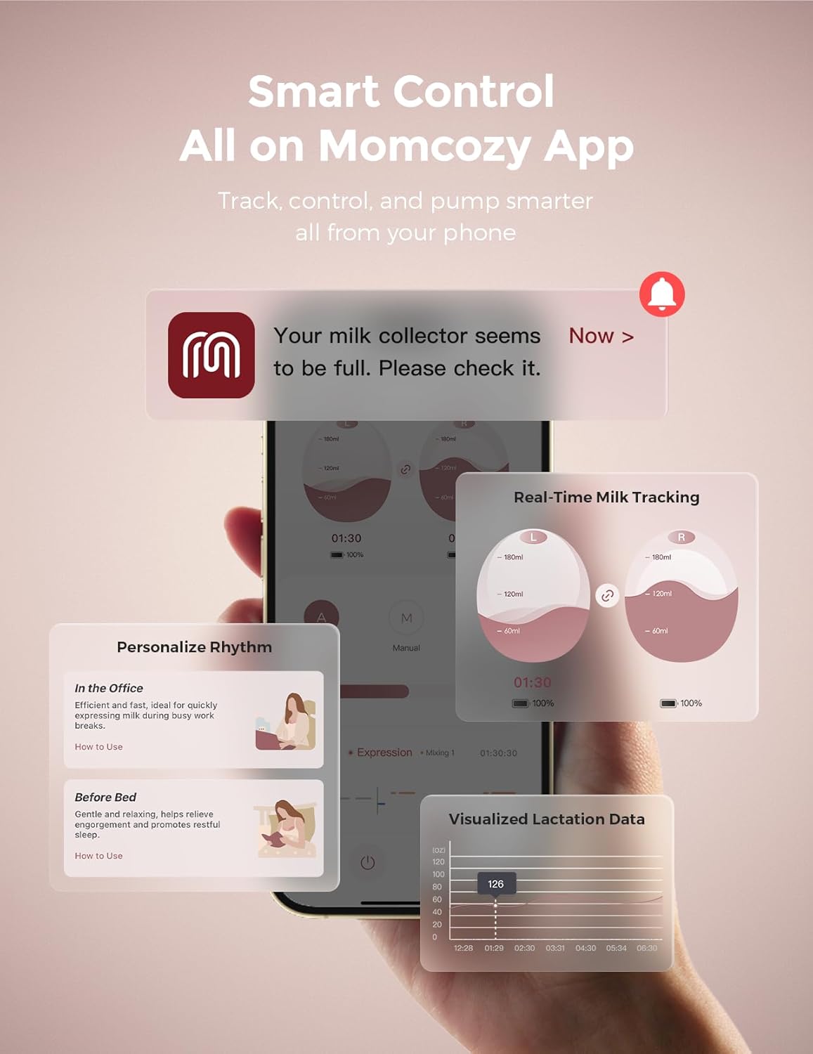 Momcozy Bomba tira-leite Air 1 Ultra-Slim, bomba vestível mãos-livres com estojo de carregamento sem fio e controle por aplicativo com modo automático e alerta de leite cheio.