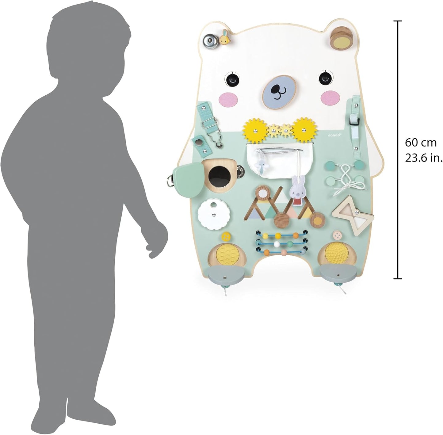 Janod - Busy Board Ourson - 20 atividades - Grande quadro de atividades de madeira - Ideal para desenvolvimento motor fino, curiosidade e destreza - Altura 60 cm - A partir de 18 meses, J05162