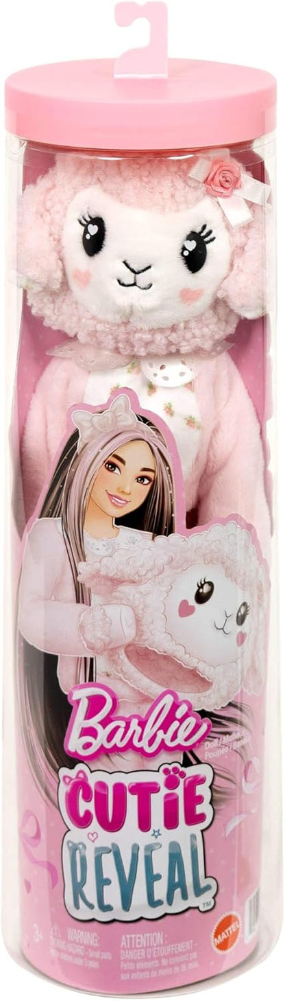 Barbie Cutie Reveal Boneca e Acessórios, Série Cuddly Cordeiro com 10 Surpresas Incluindo Mudança de Cor e Mini Animal de Estimação, JJP66