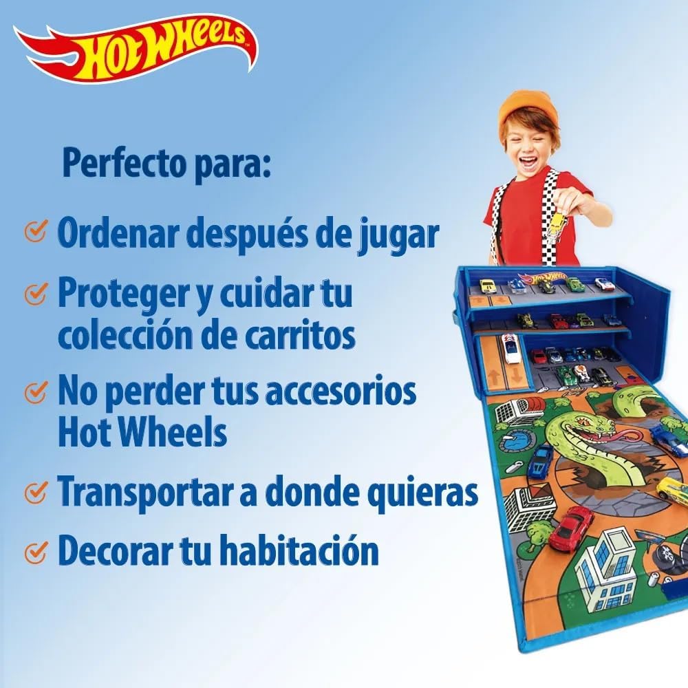 Hot Wheels Caixa de Garagem com Tapete de Brincar - 3 em 1 Caixa de Armazenamento Dobrável para Carrinhos com Pistas de Velocidade | Armazenamento para Carrinhos de Brinquedo (Carrinhos Não Inclusos)