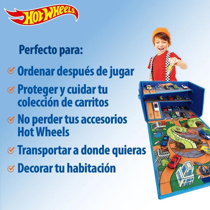 Hot Wheels Caixa de Garagem com Tapete de Brincar - 3 em 1 Caixa de Armazenamento Dobrável para Carrinhos com Pistas de Velocidade | Armazenamento para Carrinhos de Brinquedo (Carrinhos Não Inclusos)
