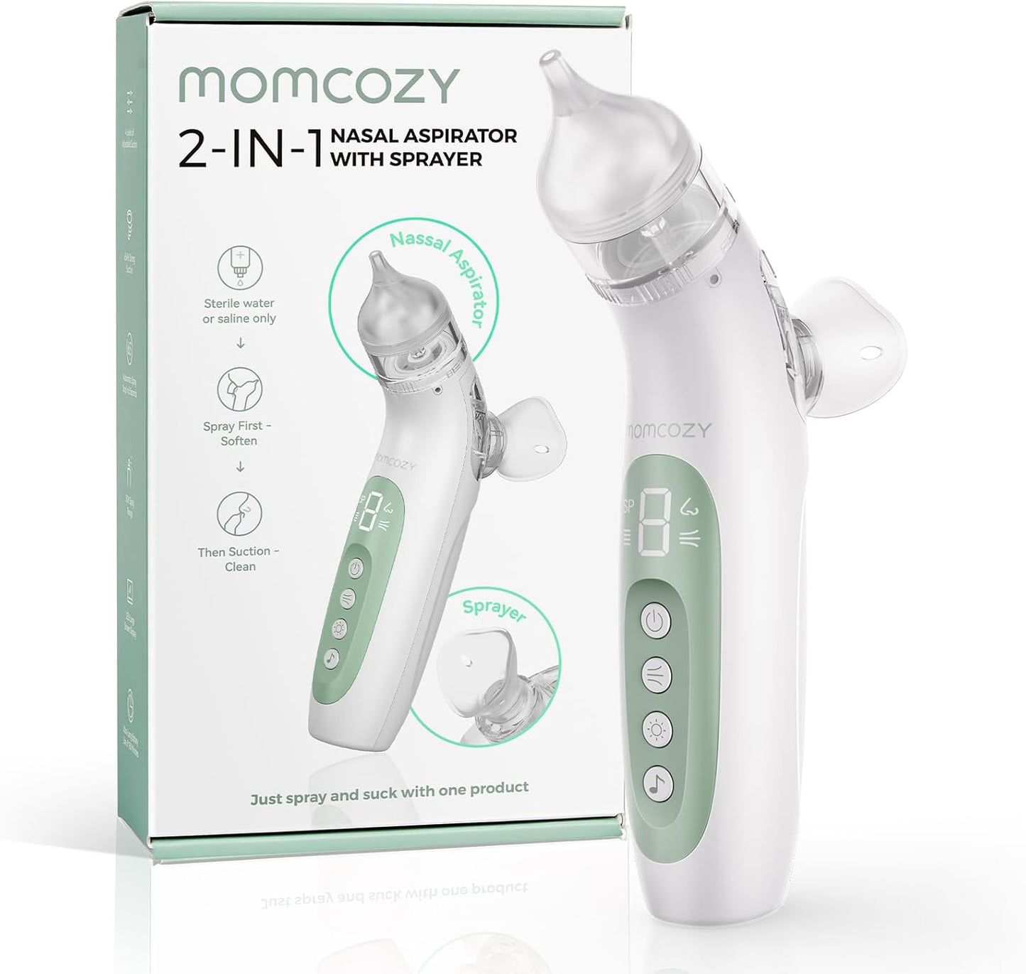 Momcozy Aspirador Nasal Elétrico 2 em 1 BreezyClear™ para Bebês com Spray, Sucção de Nível Hospitalar de 65kPa, 4 Níveis Ajustáveis, Silencioso e Portátil com Luz e Música Suaves.