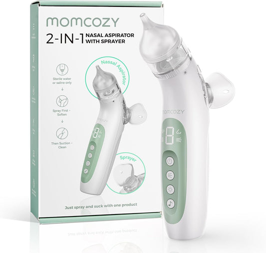 Momcozy Aspirador Nasal Elétrico 2 em 1 BreezyClear™ para Bebês com Spray, Sucção de Nível Hospitalar de 65kPa, 4 Níveis Ajustáveis, Silencioso e Portátil com Luz e Música Suaves.