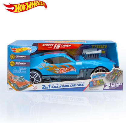 Hot Wheels Estojo para guardar carrinhos 2 em 1, modelo Race N' Haul, com rodas livres e alça retrátil - Armazena até 15 carrinhos (carrinhos não inclusos).