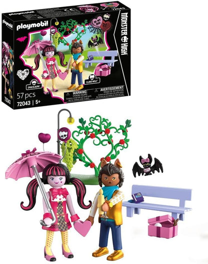 Playmobil Monster High – Encontro de Dia dos Namorados: Draculaura e Clawd com Banco de Parque e Acessórios – Brinquedo Infantil para Maiores de 5 Anos (72043)