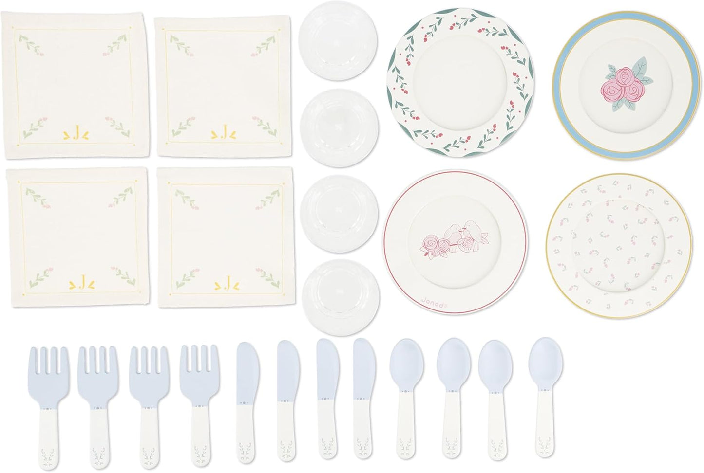 Janod - Conjunto de Jantar de Madeira - Kit de Piquenique Infantil - Para 4 Pessoas - 25 Peças - Conjunto de Papelão - Acessórios Ideais para Cozinha Infantil - Desenvolve a Imaginação - A partir de 3 anos - J06637