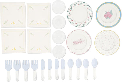 Janod - Conjunto de Jantar de Madeira - Kit de Piquenique Infantil - Para 4 Pessoas - 25 Peças - Conjunto de Papelão - Acessórios Ideais para Cozinha Infantil - Desenvolve a Imaginação - A partir de 3 anos - J06637
