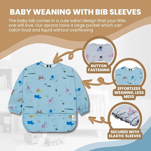 Yum Yum's Babador de silicone para desmame da Baby - Impermeável, fácil de limpar e confortável - Babador de manga comprida para bebês de 6 a 12 meses - Avental multifuncional para alimentação sem sujeira.
