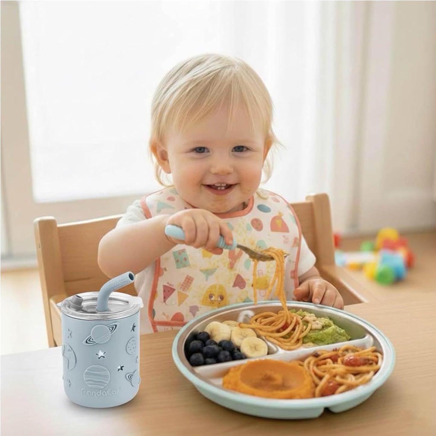 PandaEar Conjunto de alimentação infantil 6 em 1 em aço inoxidável – Conjunto para introdução alimentar com conjunto de jantar de silicone, conjunto de prato infantil, prato dividido com ventosa, tigela, copo de transição com canudo,