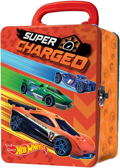 Hot Wheels Estojo de metal para carrinhos em escala 1:64 | Organizador e porta-brinquedos para 18 brinquedos | Presente ideal para colecionadores e crianças a partir de 3 anos | Tampa com design 3D de corrida HW | Carrinhos não inclusos