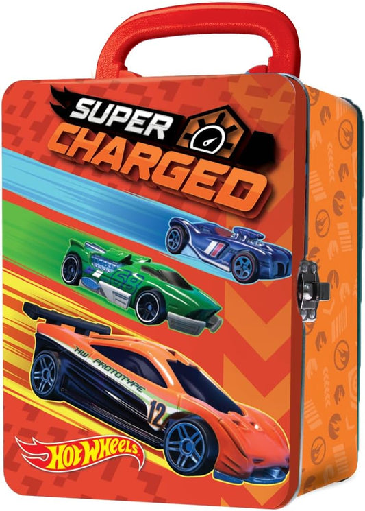 Hot Wheels Estojo de metal para carrinhos em escala 1:64 | Organizador e porta-brinquedos para 18 brinquedos | Presente ideal para colecionadores e crianças a partir de 3 anos | Tampa com design 3D de corrida HW | Carrinhos não inclusos