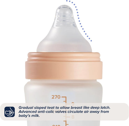 Nuby Kit com 2 Mamadeiras de Vidro Anticólicas RapidBottle - Mamadeira Rápida com Revestimento de Silicone e Bico Semelhante ao Seio Materno | Alimentação Rápida | Sem Microplásticos | Esterilização Rápida | 266ml (Bege)