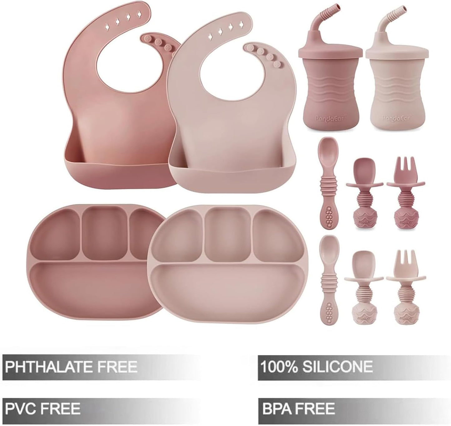 PandaEar Conjunto de alimentação infantil com 12 peças | Conjunto de silicone para alimentação de bebês | 2 pratos infantis com ventosa, 2 babadores de silicone, 2 copos de transição,