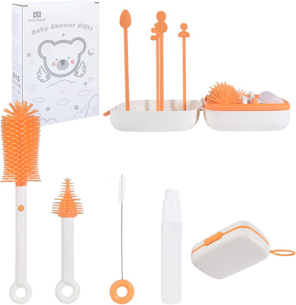 Bebamour Conjunto de escovas para mamadeira 7 em 1, kit de limpeza portátil, laranja