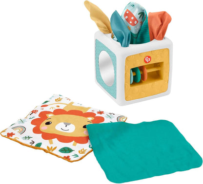 Caixa de Lenços de Papel de Brinquedo Sensorial para Bebês Recém-Nascidos da Fisher-Price, Brinquedo com Textura Amassada para Bebês em Tempo de Barriga para Baixo, Cubo de Atividades Divertido com Lenços de Papel