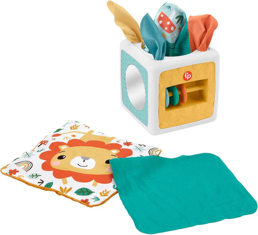Caixa de Lenços de Papel de Brinquedo Sensorial para Bebês Recém-Nascidos da Fisher-Price, Brinquedo com Textura Amassada para Bebês em Tempo de Barriga para Baixo, Cubo de Atividades Divertido com Lenços de Papel