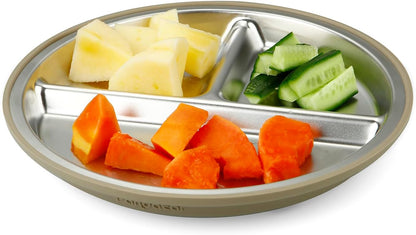 PandaEar Conjunto de 2 pratos com ventosa e 2 colheres e garfos em aço inoxidável para alimentação infantil, utensílios para bebês e crianças pequenas, pratos divididos para introdução alimentar BLW (Baby Led Weaning), livre de BPA.